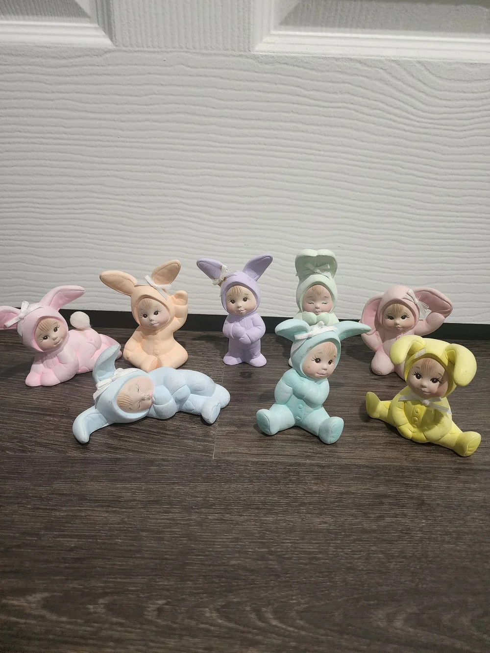 Vintage Hand Painted Ceramic Children Babies In Bunny Costumes Easter Figurines
